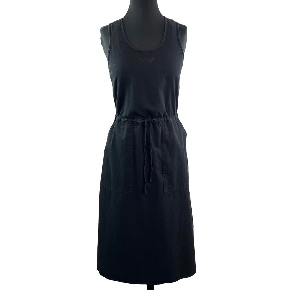 EILEEN FISHER Black Twill Dress Cotton Drawstring Scoop Neck Size 2XS FLAW